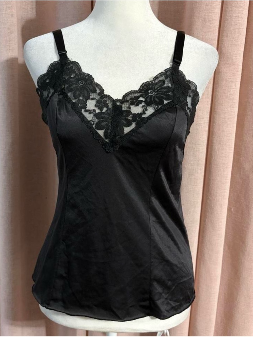 Lorraine Black Nylon Vintage Lace Cami Slip Tank Top
